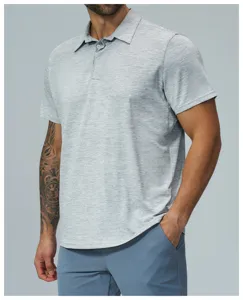 Men's grey moisture-wicking short sleeve polo shirt detail view showing fabric texture and fit.