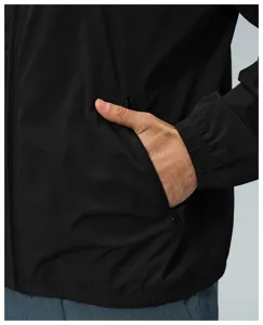 Men black casual zip jacket pocket detail sporty outerwear closeup front view daily style