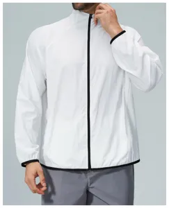Men lightweight sun protection quick drying outdoor sports hiking jacket with contrasting black trim.