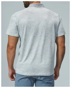 Back view detail of a grey moisture-wicking short-sleeve polo shirt for men's outdoor golf.