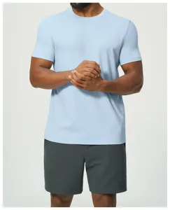 Men's light blue short sleeve t-shirt detail showing breathable fabric and comfortable fit.