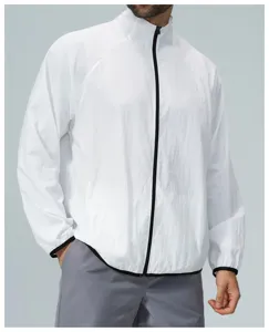 White lightweight men sports jacket with black zipper and stand collar for outdoor quick-dry wear.