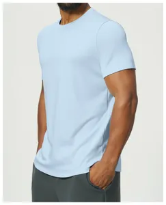 Close-up detail of the breathable light blue short sleeve t-shirt, soft fabric texture view.