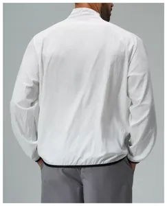Detail view of men's white lightweight sun-protective quick-drying jacket back and trim.