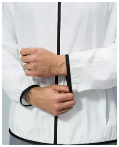 Men's lightweight quick-dry outdoor hiking jacket detail showcasing contrast cuffs and zipper.