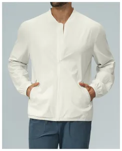 Men lightweight zip bomber jacket detail showcasing ribbed collar and zipper pockets.