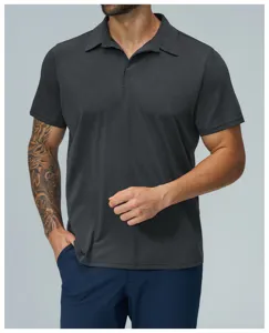 Men's dark gray short sleeve polo shirt detail, breathable casual athletic golf wear.