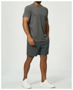 Detailed view of the dark gray men's t-shirt and shorts activewear set, comfort fit.