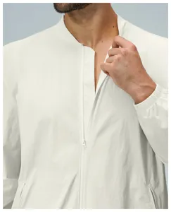 Men's lightweight casual zip-up jacket detail, featuring collar and smooth zipper.