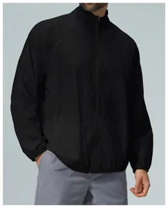 Detailed view of the black lightweight athletic jacket with full zip and stand-up collar.