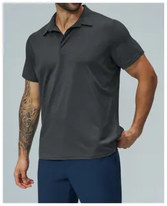 Men's dark gray short sleeve polo shirt with classic collar for casual sports and daily wear.