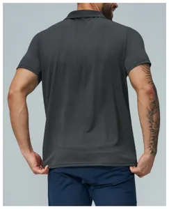 Men's quick-dry golf polo shirt in dark grey, short sleeve back view detail showing fit.