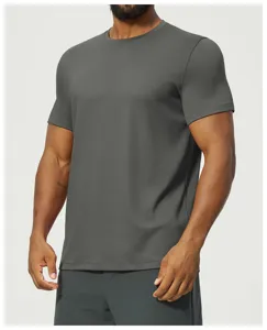 Detail view of men's dark gray short sleeve crewneck t-shirt showing soft breathable fabric.