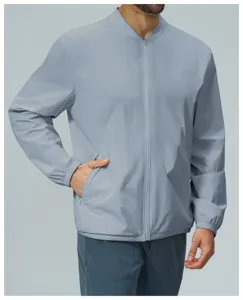 Men casual stand collar zip-up jacket detail, sportswear for daily commute and autumn.