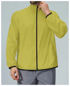 Close-up detail of lightweight men sun-protection jacket with color-block stand collar.