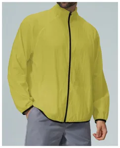 Detail shot of lightweight men's windbreaker jacket with contrast zip and stand-up collar.