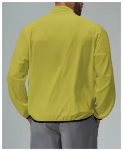 Back detail view of lightweight sun protection windbreaker jacket with stand collar and trim.