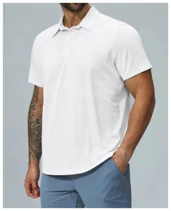 Detailed view of white short sleeve polo shirt, lightweight fabric and collar close up.