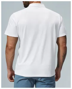 Back view detail of mens white short sleeve polo shirt, breathable dry fit fabric style.