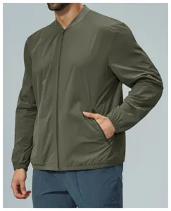Olive green mens casual zipper bomber jacket detail, daily commuting with stand collar.