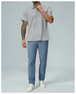Men's grey short sleeve polo shirt detail view showing breathable fabric and casual fit.