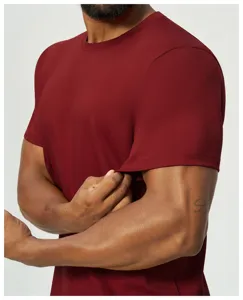 Men's modal cotton short sleeve casual t-shirt detail showing fabric stretch and texture.