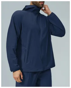 Ανδρικό αθλητικό μπουφάν με κουκούλα για outdoor αθλήματα, γρήγορο στέγνωμα μπλε σκούρο.