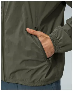 Men olive green zip jacket pocket detail, casual sportswear functional daily outerwear.