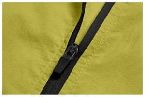 Men's lightweight outdoor hiking jacket ripstop fabric and zipper detail close-up view.