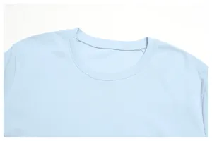 Close-up view of men's casual light blue short sleeve t-shirt round neckline detail