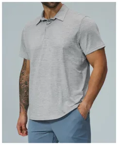 Close-up detail of the breathable short-sleeve polo shirt fabric and collar design for men.