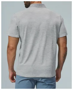 Back view detail of men's breathable heather grey polo shirt, showing fabric texture clearly.