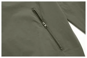 Close-up detail of men's casual jacket pocket with premium zipper and fabric texture.