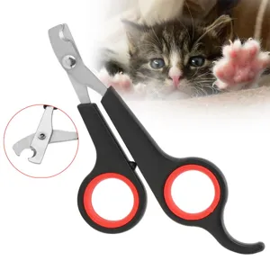 Detail view of pet nail clipper blade and black red handle for cat and dog nail grooming care
