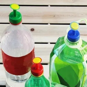 Plastic bottle watering spout detail, garden sprinkler head for potted plants and vegetables.