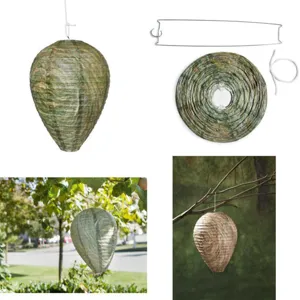 Hanging wasp deterrent nest lantern, artificial hornet nest decoy for outdoor garden use.