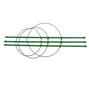 Green plant support stakes and rings detail view for garden climbing flowers support.