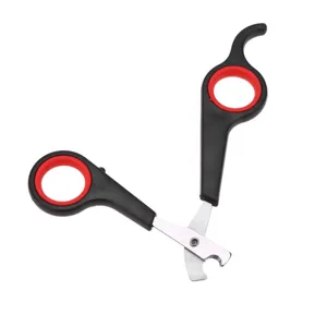 Close-up detail of black and red handle pet nail clipper, precise stainless steel blade.