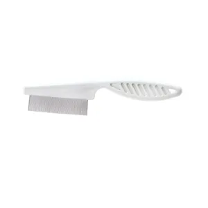 Pet flea comb with fine metal teeth and white plastic handle for cats and dogs grooming tool.