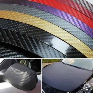 Carbon fiber sticker detail, 3D textured vinyl wrap for car interior and exterior decor.