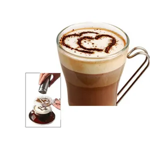 Coffee latte art stencil detail view, stainless steel shaker and plastic template usage scene.