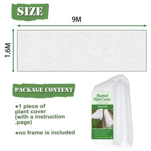 Plant cover detail showing dimensions of 1.6m by 9m, package content and product label.