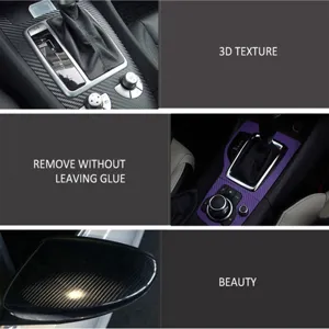 Carbon fiber sticker detail showing 3D texture, vehicle interior wrap and smooth application.