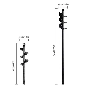 Garden spiral drill bit for planting, black metal earth auger tool with 22cm and 45cm lengths.