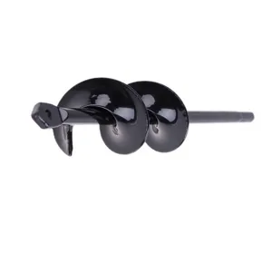 Black garden auger drill bit detail for planting flowers and soil cultivation in gardens.