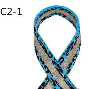 Detailed view of blue leopard print jacquard webbing strap with metallic gold thread weave.