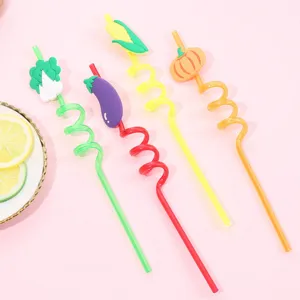 Cartoon vegetable shaped drinking straws set with cute funny loop design for party drinks.