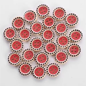 Printed wooden buttons, red dot pattern 4-hole round buttons for kids sewing crafts.