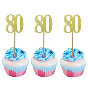 Gold glitter number 80 cake toppers for birthday party cupcake decorations celebration party supplies.