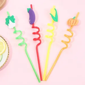 Colorful cartoon vegetable spiral drinking straws set, cute plastic reusable party drink straws.
